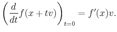 $\displaystyle \left(\frac{d}{dt} f(x+tv)\right)_{t=0} = f^\prime(x)v .
$