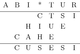 {\large
\begin{tabular}{ccc ccc ccc ccc c}
A&B&I&*&T&U&R \\ [+0.5ex] \hline
...
...&I&U&E \\ [+0.5ex]
&C&A&H&E \\ [+0.5ex] \hline
&C&U&S&E&S&I
\end{tabular}
}