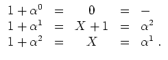 $ \mbox{$\displaystyle
\begin{array}{rcccl}
1 + \alpha^0 & = & 0 & = & - \\
1...
... & = & \alpha^2 \\
1 + \alpha^2 & = & X & = & \alpha^1\; . \\
\end{array}$}$